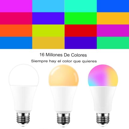 Muestrario de colores con ejemplos de luz blanca y multicolor para una ampolleta LED